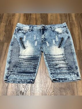 Trillnation Shorts Mens 38 Blue Denim Ripped Distressed 5 Pockets Acid Wash